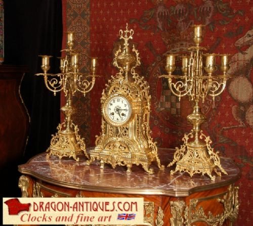 Stunning Antique French Brass Clock Set by A. D. Mougin ~ French - Circa 1890
